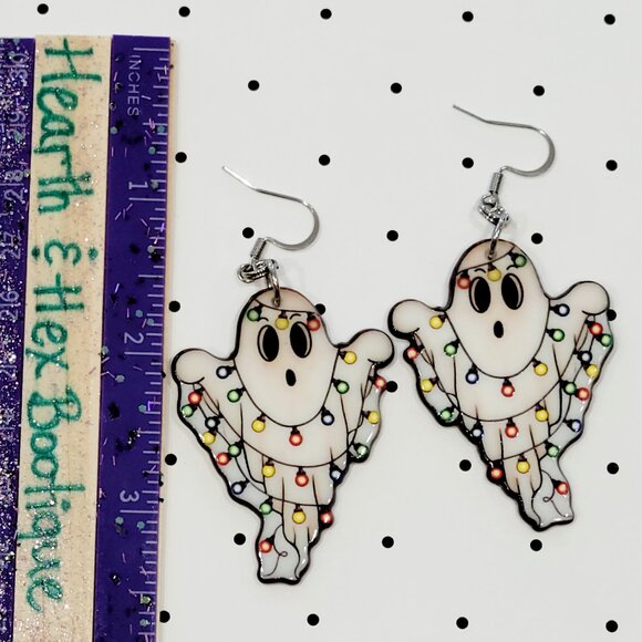 Christmas Lights Ghost Earrings Stainless Steel Hooks Holiday Horror Ghoul NEW - Picture 4 of 6